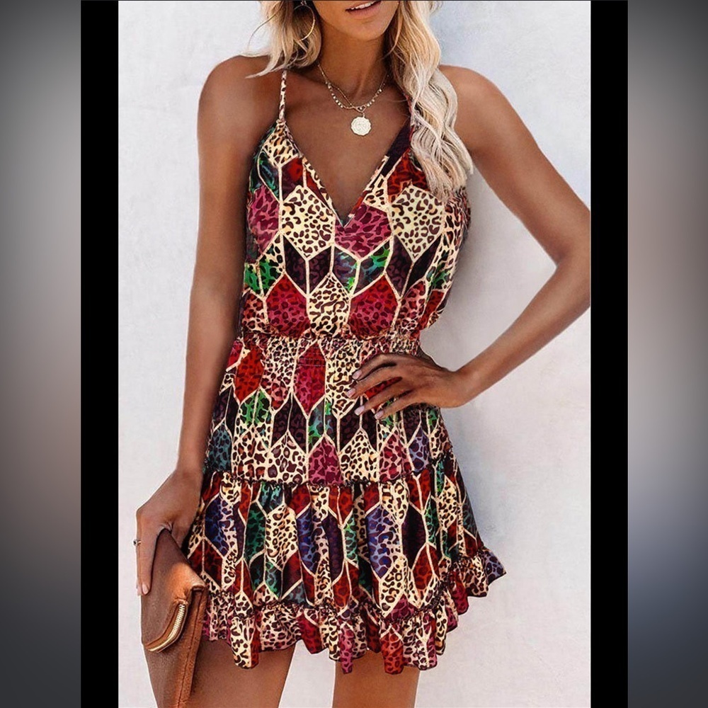 Leopard Mini Dress Smocked Waist Spaghetti Strap